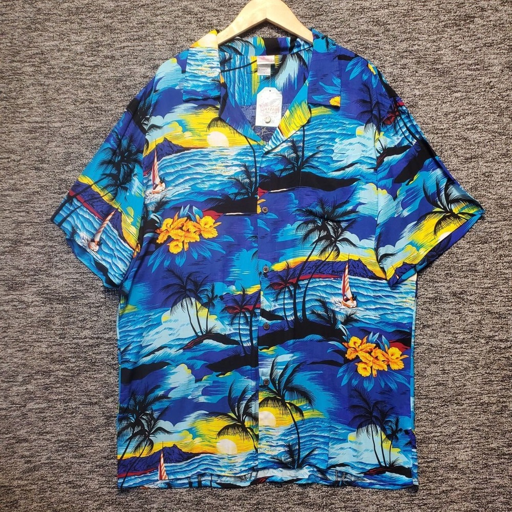 NWT Hawaii‎ Hangover Hawaiian Shirt Mens XL Blue Sunset Tropical Palm Tree Rayon
